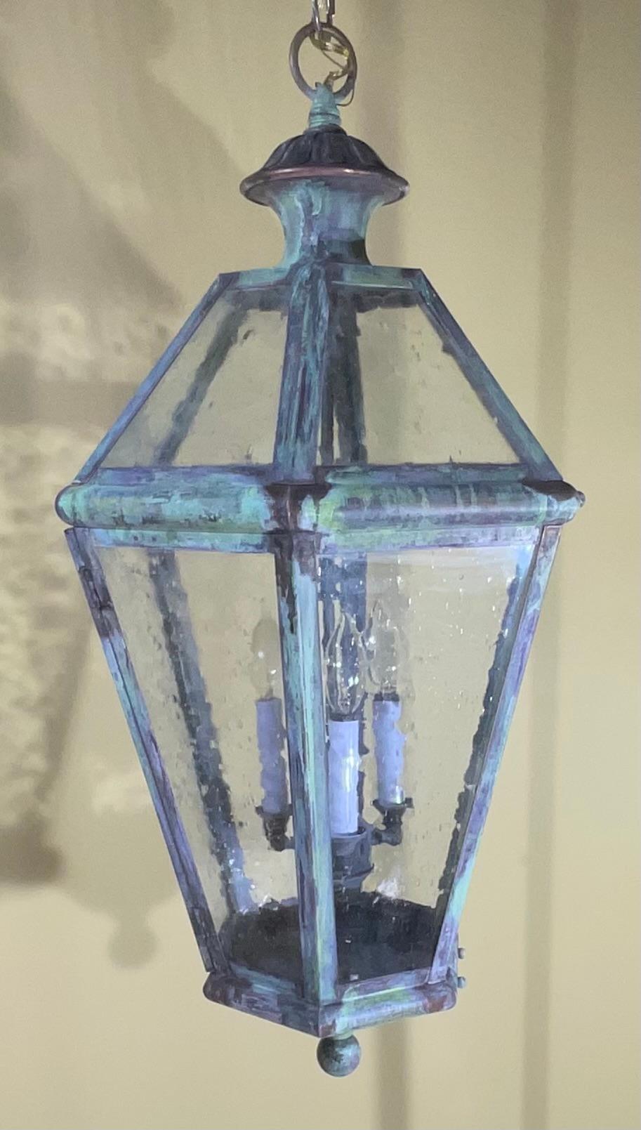 Large Handcrafted Six Sides Solid Brass Hanging Lantern For Sale 6