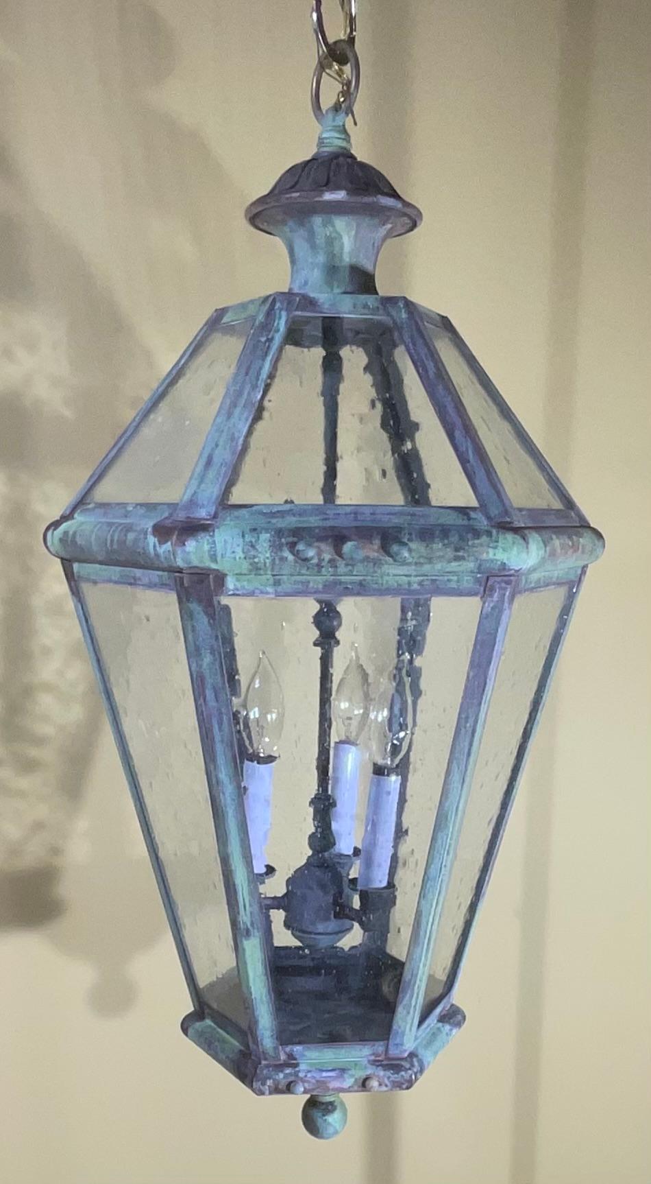 Large Handcrafted Six Sides Solid Brass Hanging Lantern For Sale 8