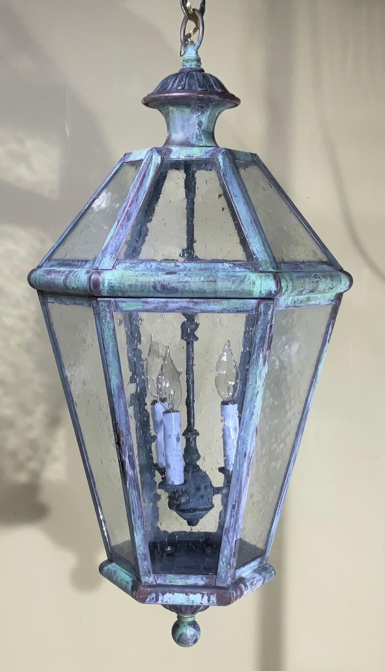 Large Handcrafted Six Sides Solid Brass Hanging Lantern In Good Condition For Sale In Delray Beach, FL