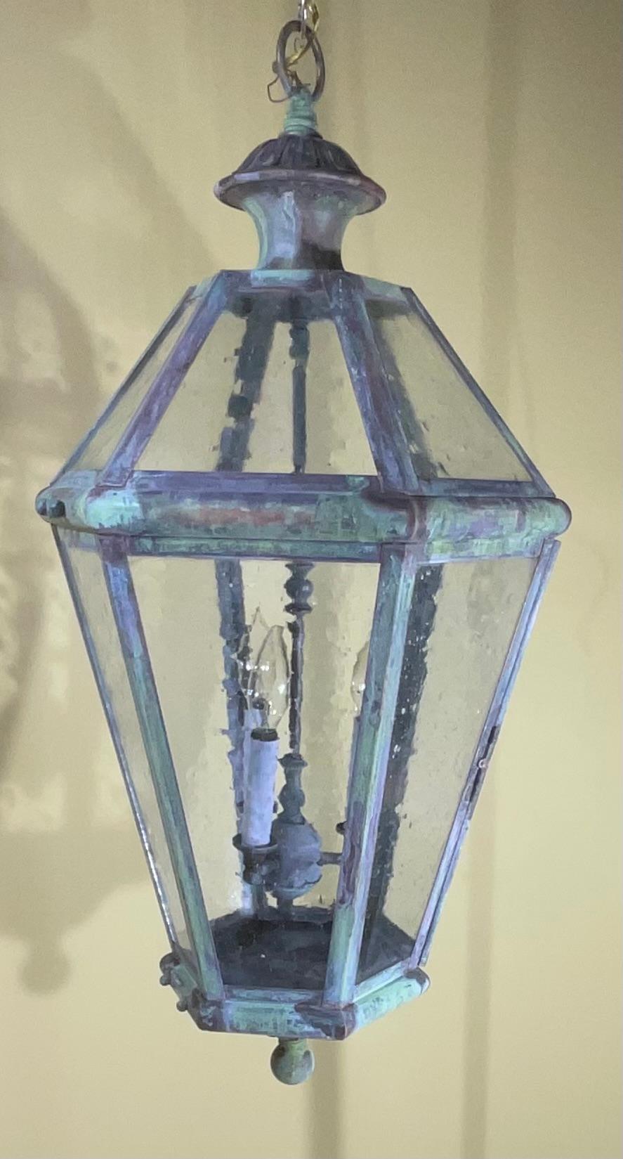 Contemporary Large Handcrafted Six Sides Solid Brass Hanging Lantern For Sale