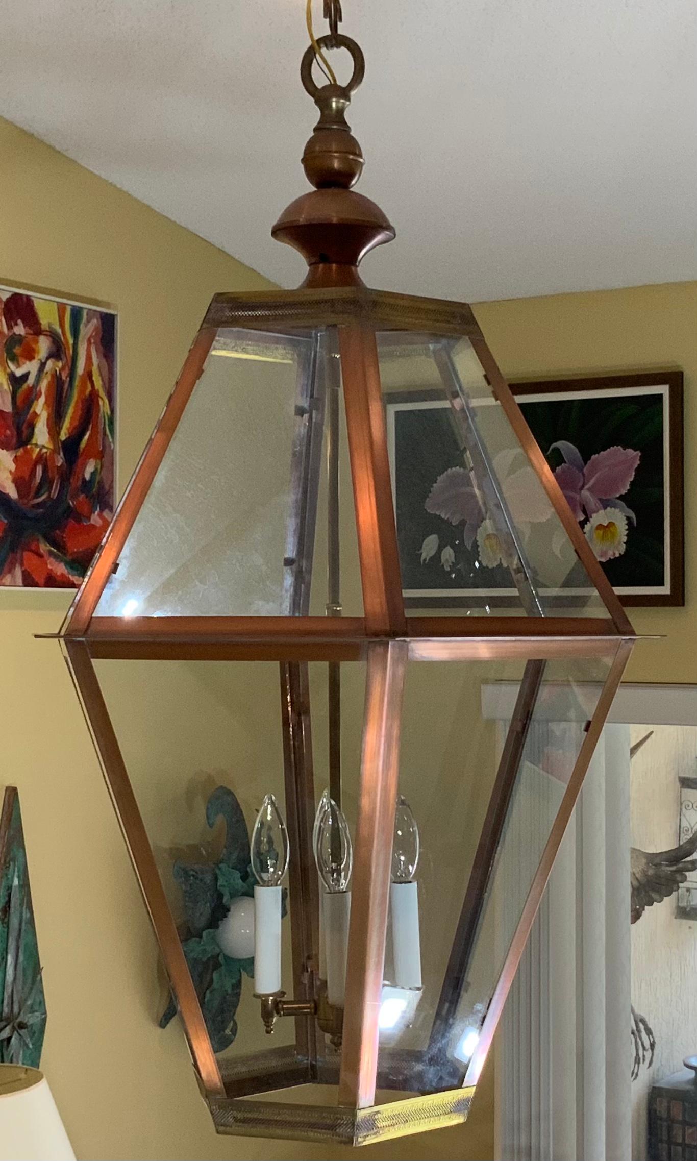 Large Handcrafted Six Sides Solid Copper and Brass Hanging Lantern 6