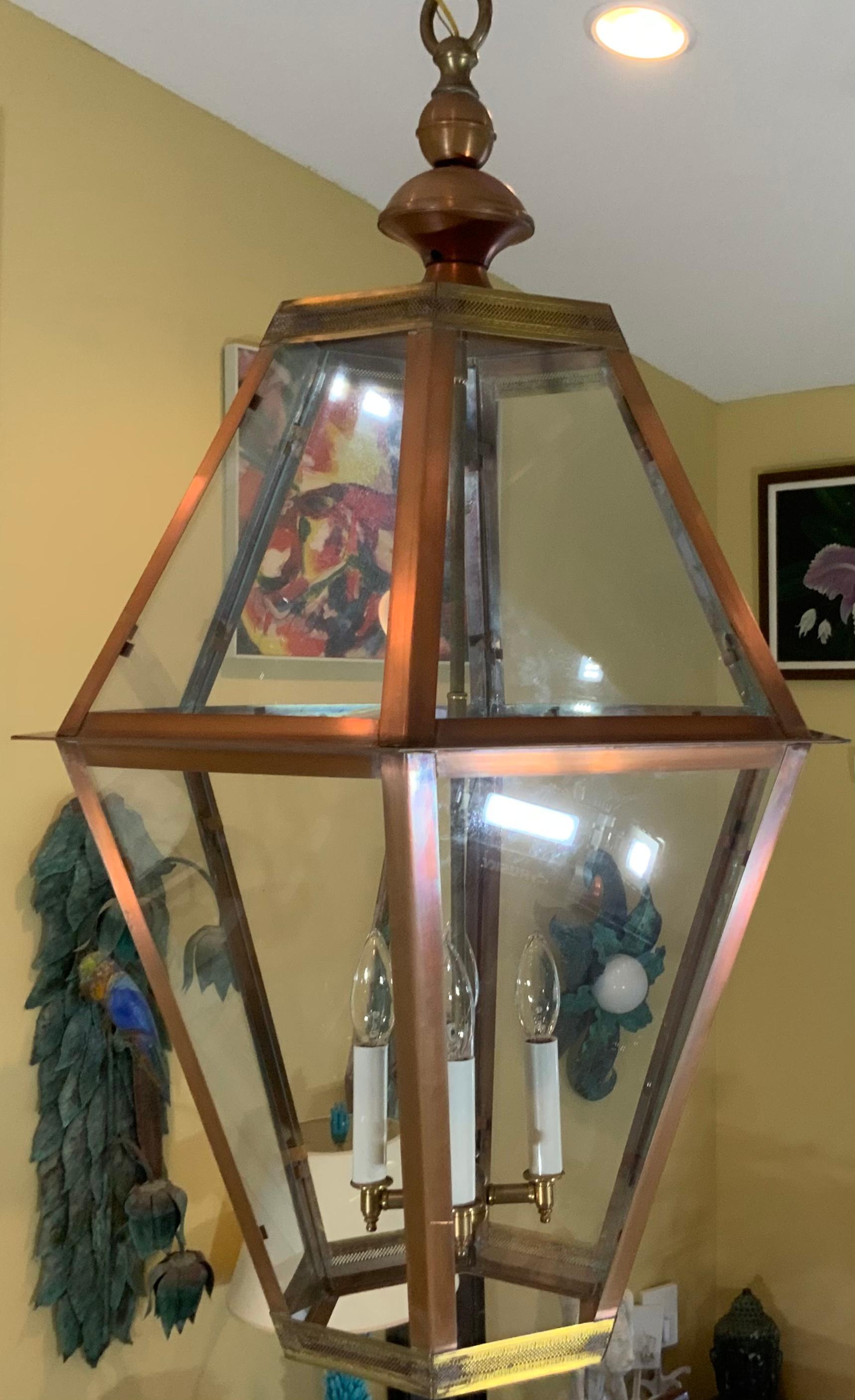 American Large Handcrafted Six Sides Solid Copper and Brass Hanging Lantern