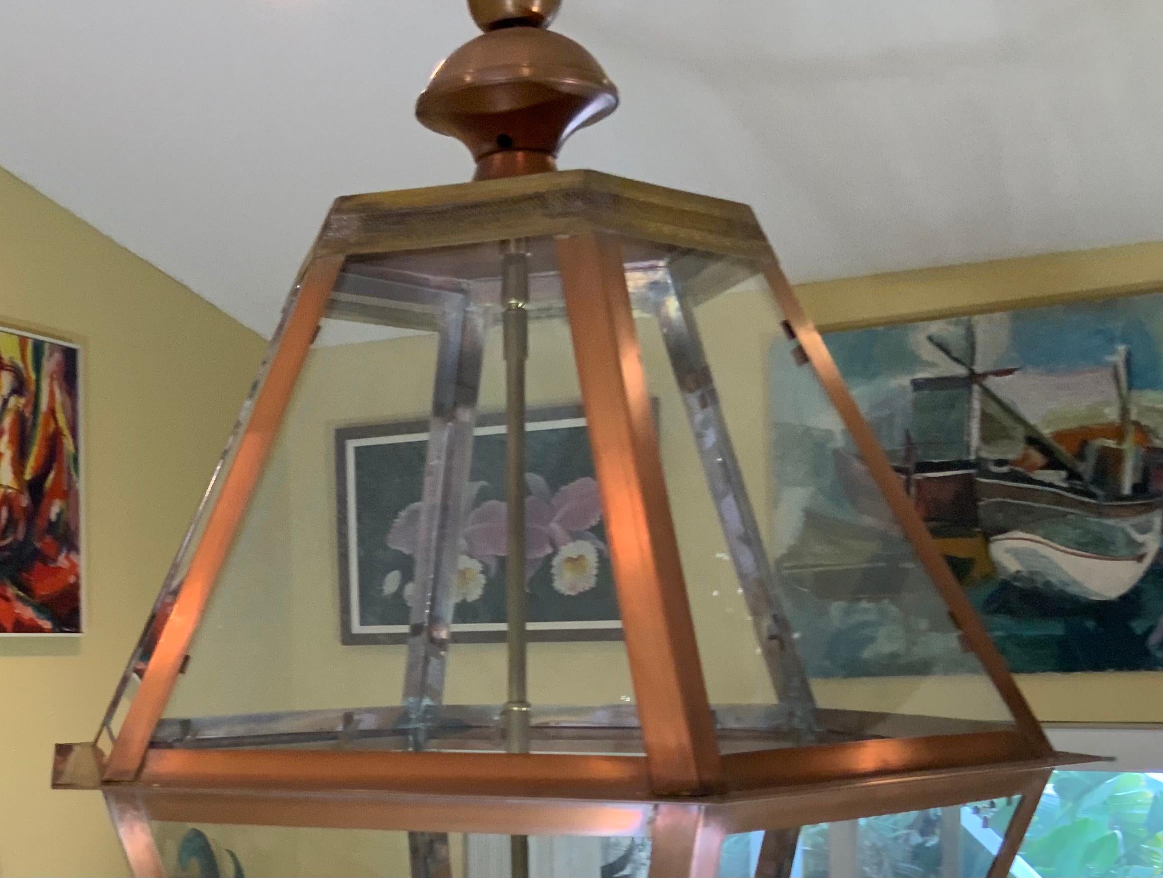 Large Handcrafted Six Sides Solid Copper and Brass Hanging Lantern In Excellent Condition In Delray Beach, FL