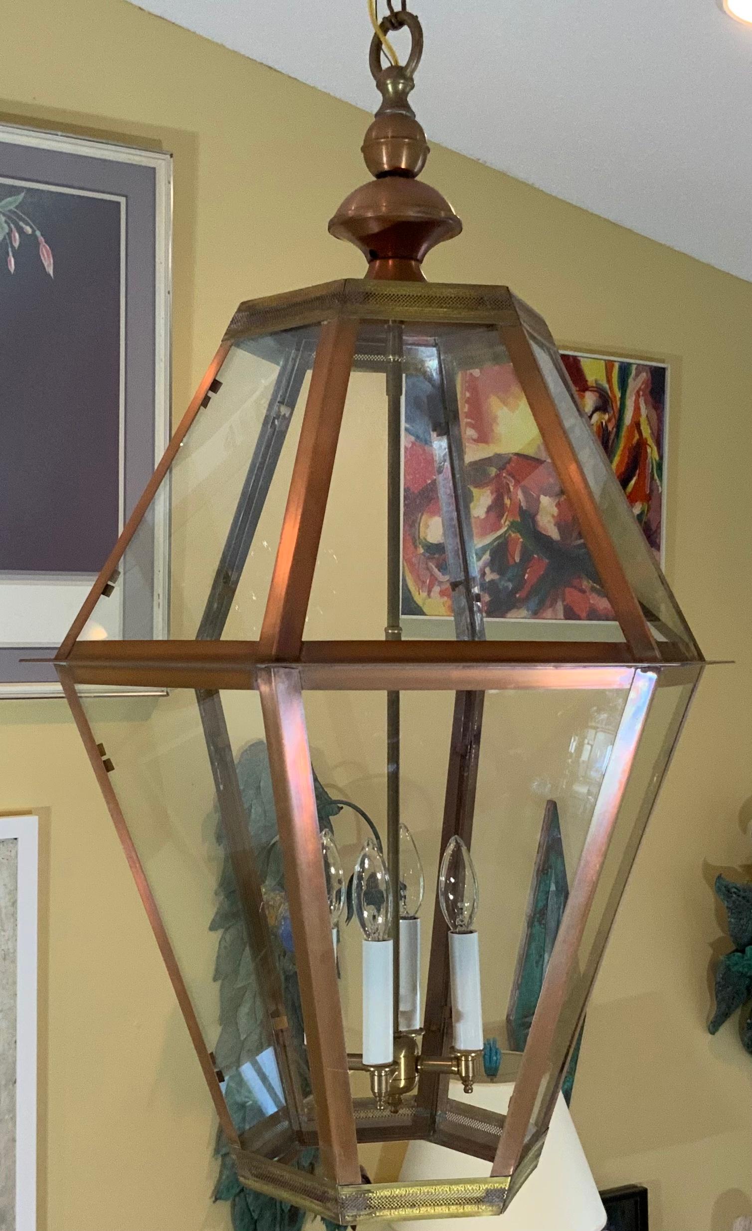 Contemporary Large Handcrafted Six Sides Solid Copper and Brass Hanging Lantern