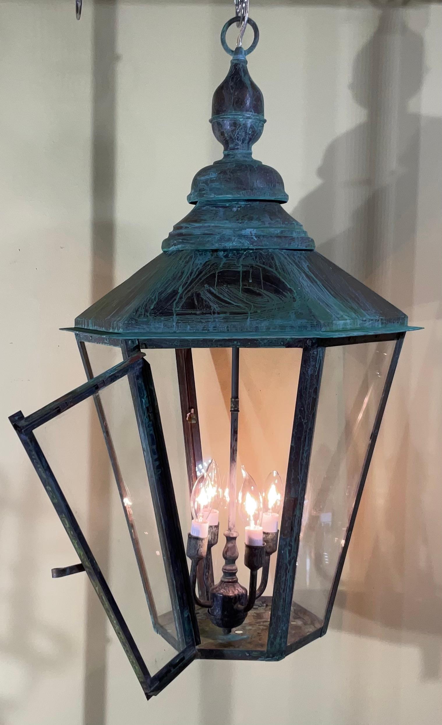 Hand-Crafted Large Handcrafted Six Sides Solid Copper and Brass Hanging Lantern