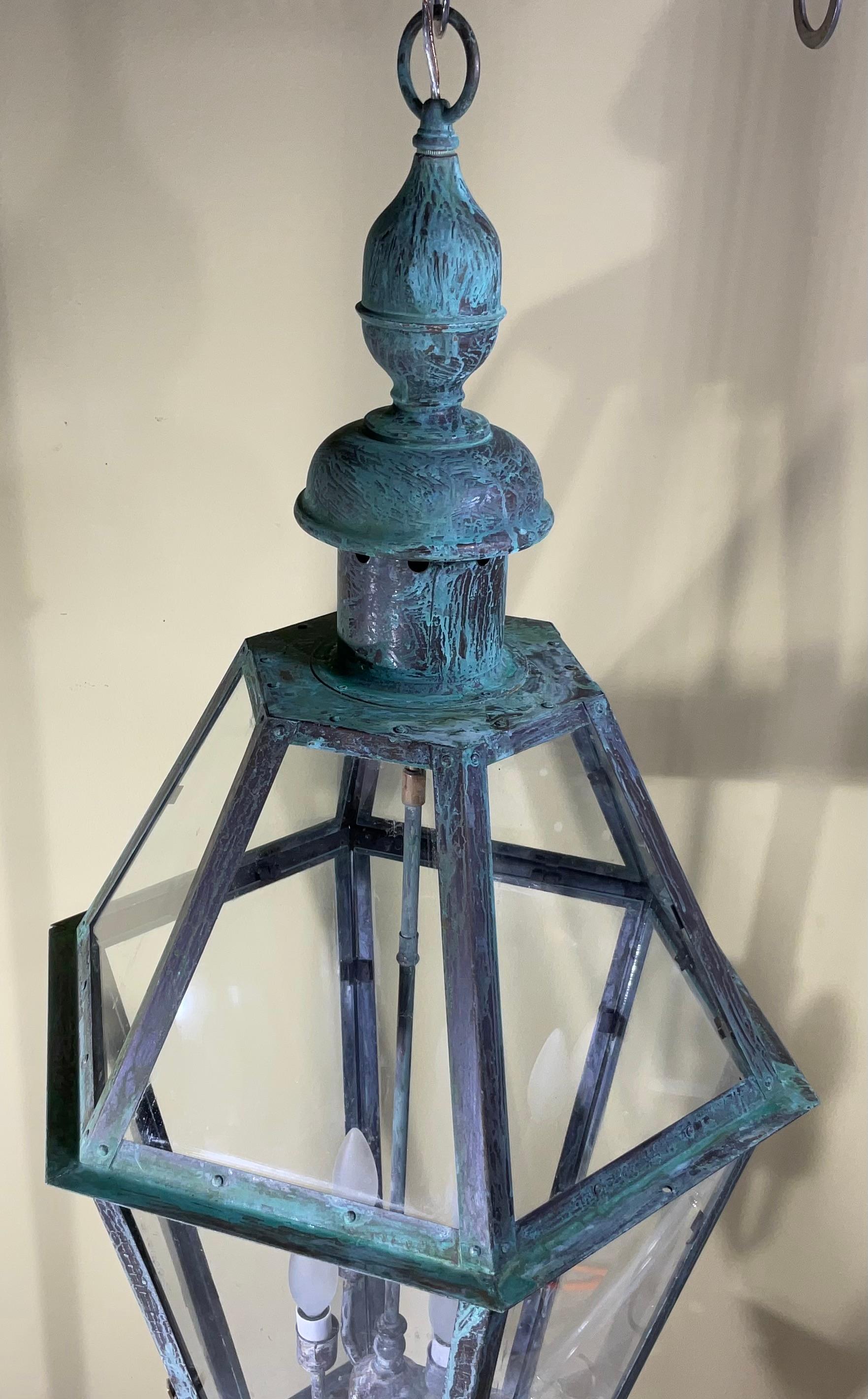 Large Handcrafted Six Sides Solid Copper and Brass Hanging Lantern In Good Condition In Delray Beach, FL