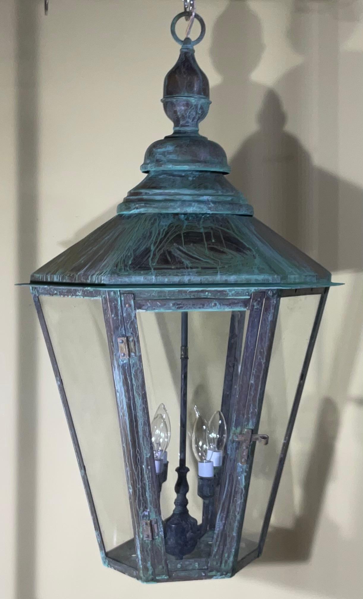 Large Handcrafted Six Sides Solid Copper and Brass Hanging Lantern In Good Condition In Delray Beach, FL