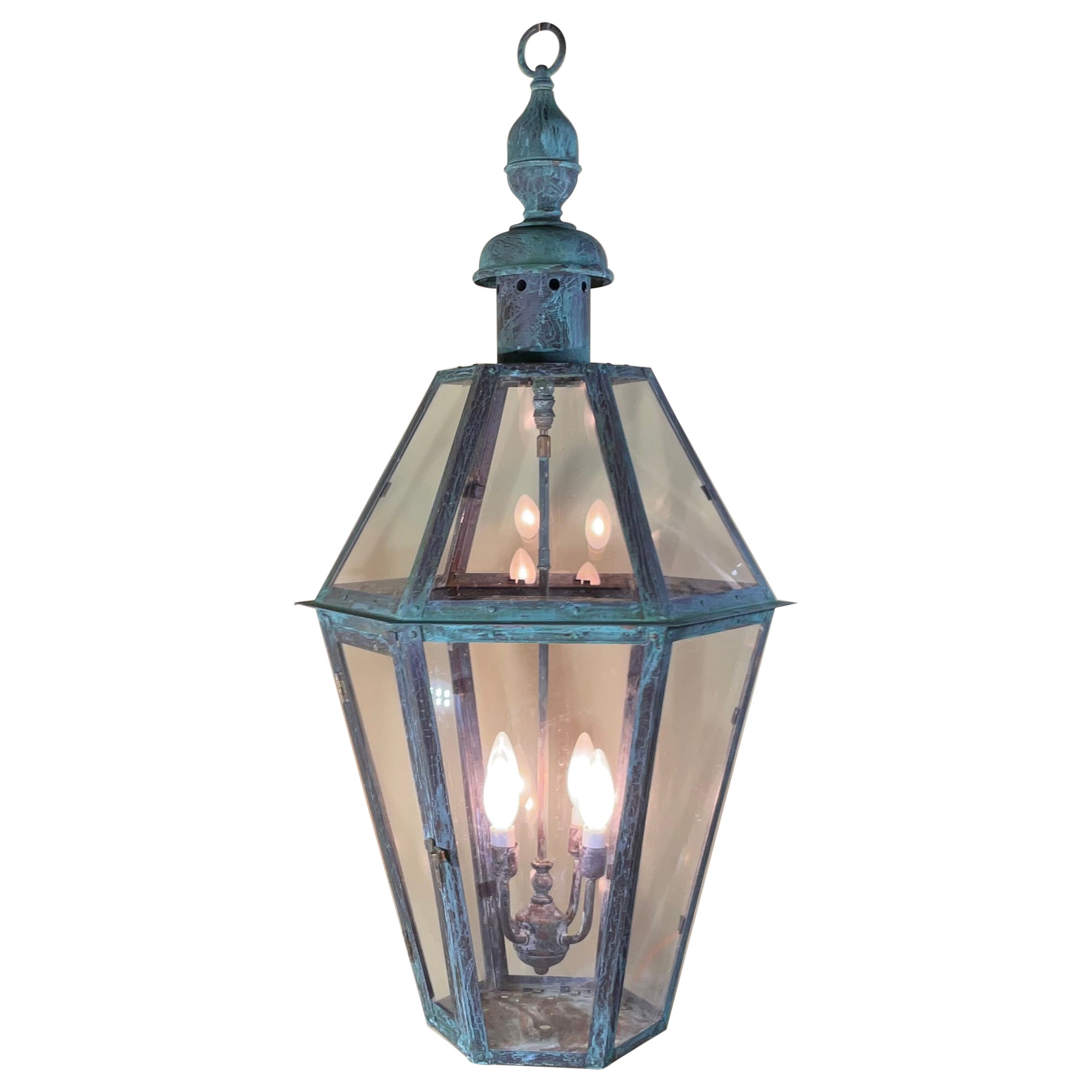 Large Handcrafted Six Sides Solid Copper and Brass Hanging Lantern