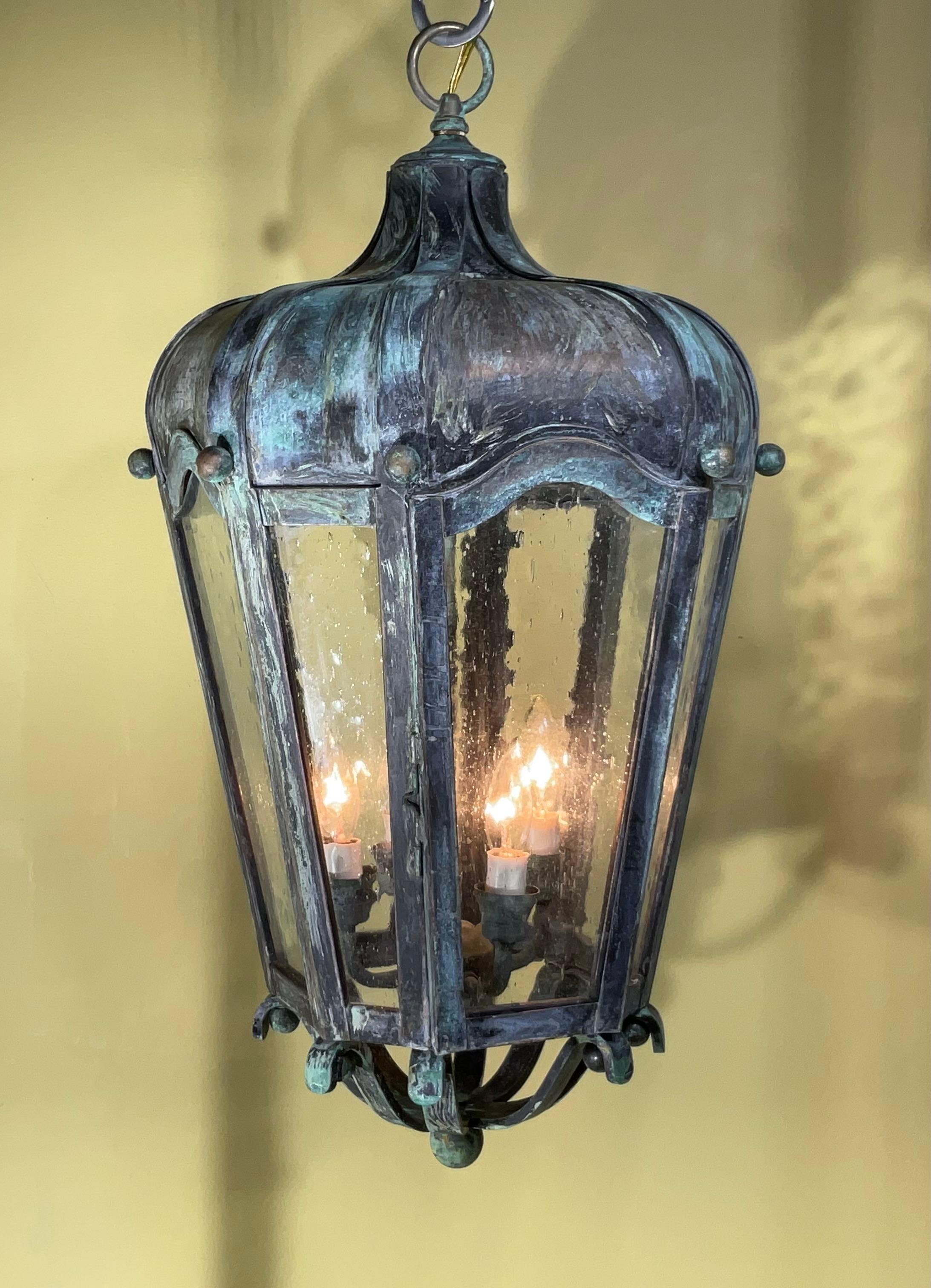 American Large Handcrafted Solid Brass Hanging Lantern For Sale
