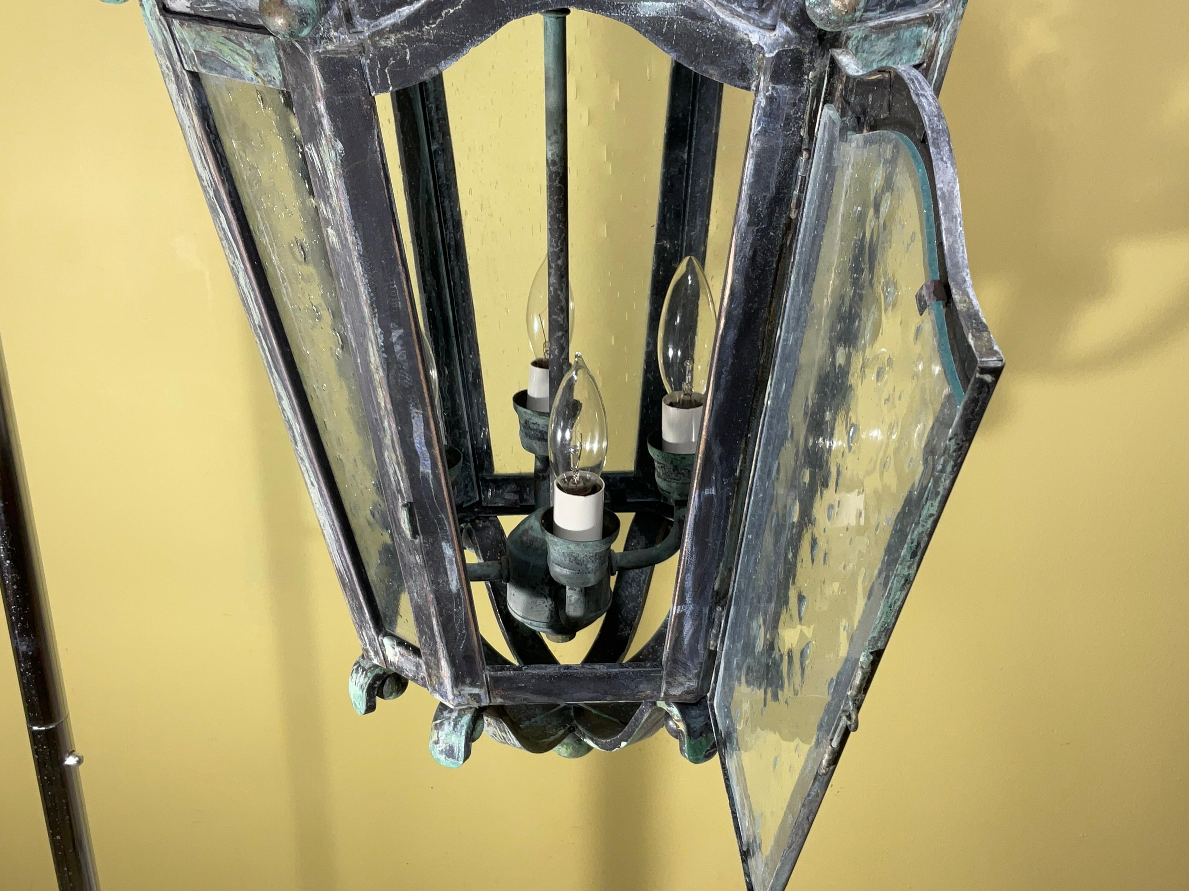 Large Handcrafted Solid Brass Hanging Lantern In Good Condition For Sale In Delray Beach, FL