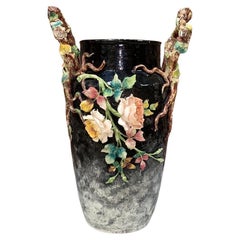 Large Handled 19th Century French Majolica Flowers Vase
