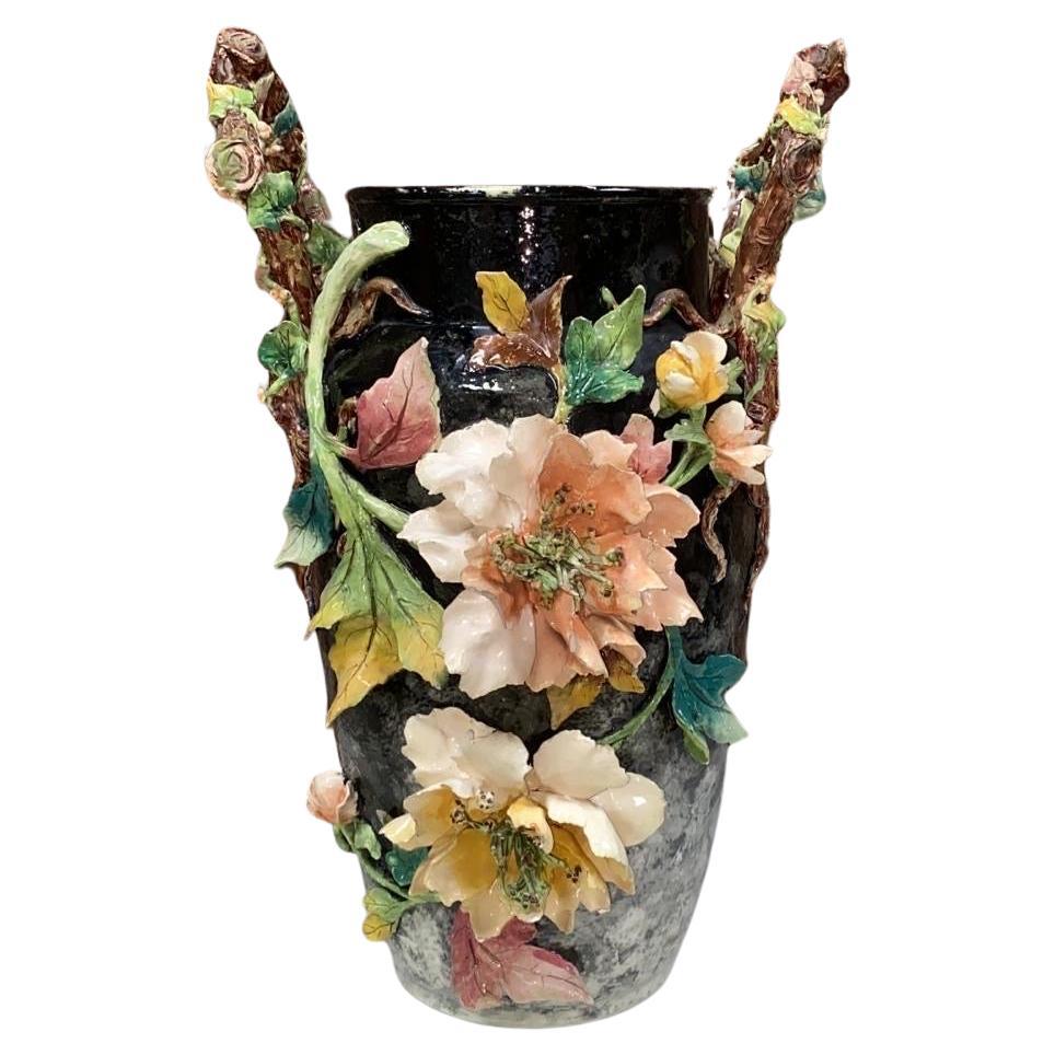 Large Handled 19th Century French Majolica Flowers Vase
