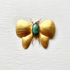 Large Handmade 18 Karat Solid Yellow Gold Turquoise Butterfly Pendant / Brooch