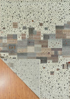 Large Handmade Abstract Tribal Wool Rug in Natural Beige and Soft Grey