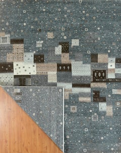 Large Handmade Abstract Tribal Wool Rug Slate Blue, Grey & Natural Earth Tones
