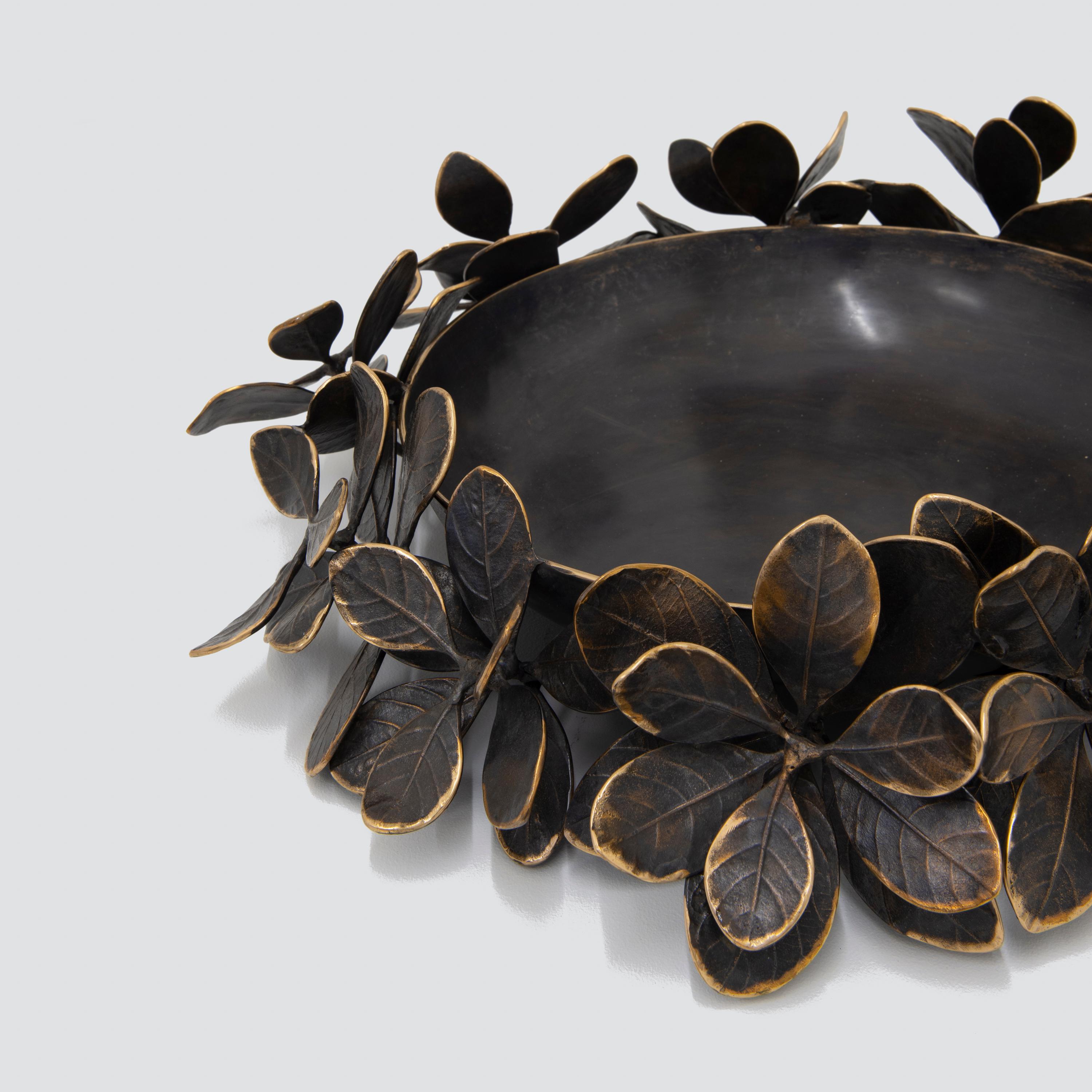 Patinated Large Handmade Cast Bronze Kathal Leaves Decorative Bowl Sculpture For Sale