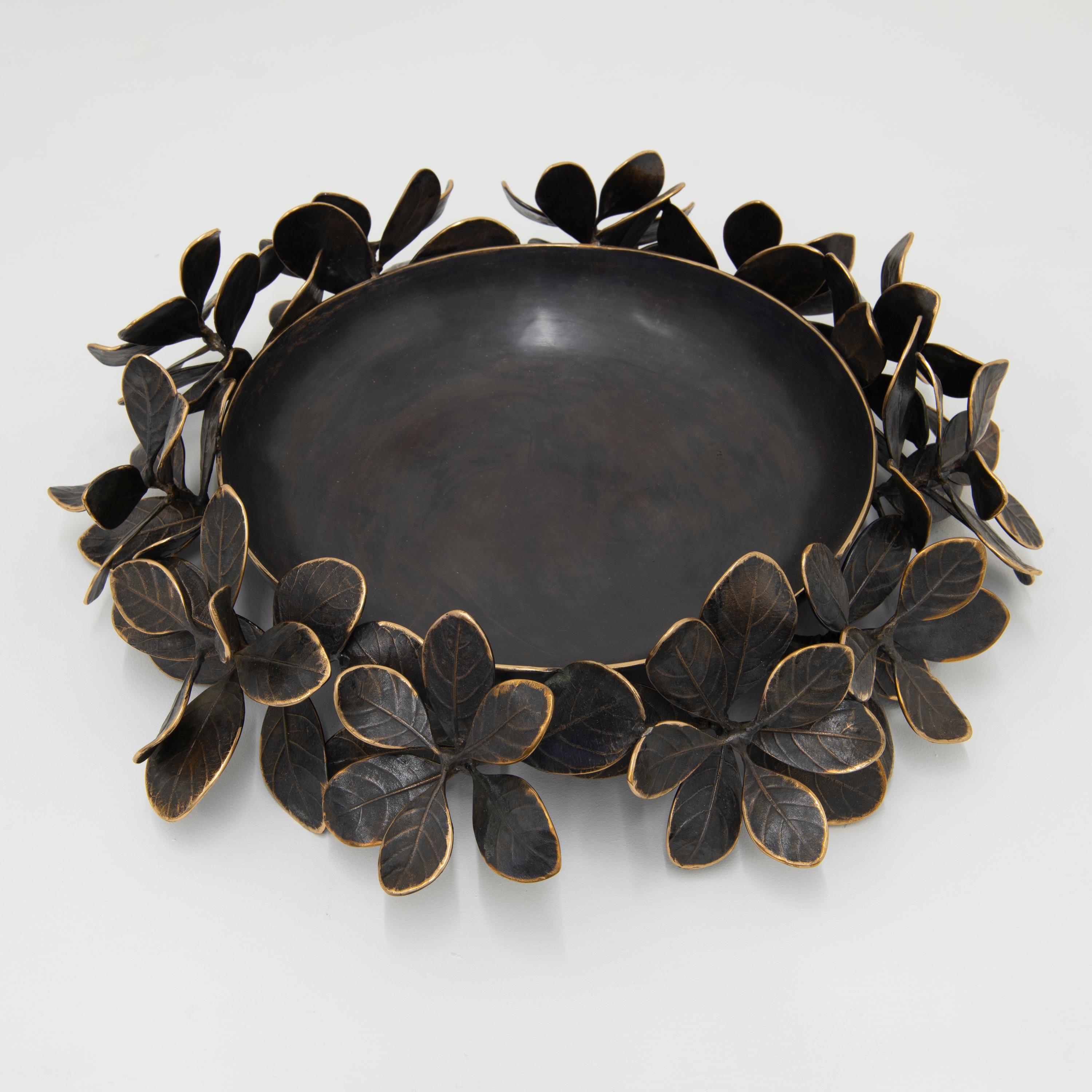 Large Handmade Cast Bronze Kathal Leaves Decorative Bowl Sculpture In New Condition For Sale In London, GB