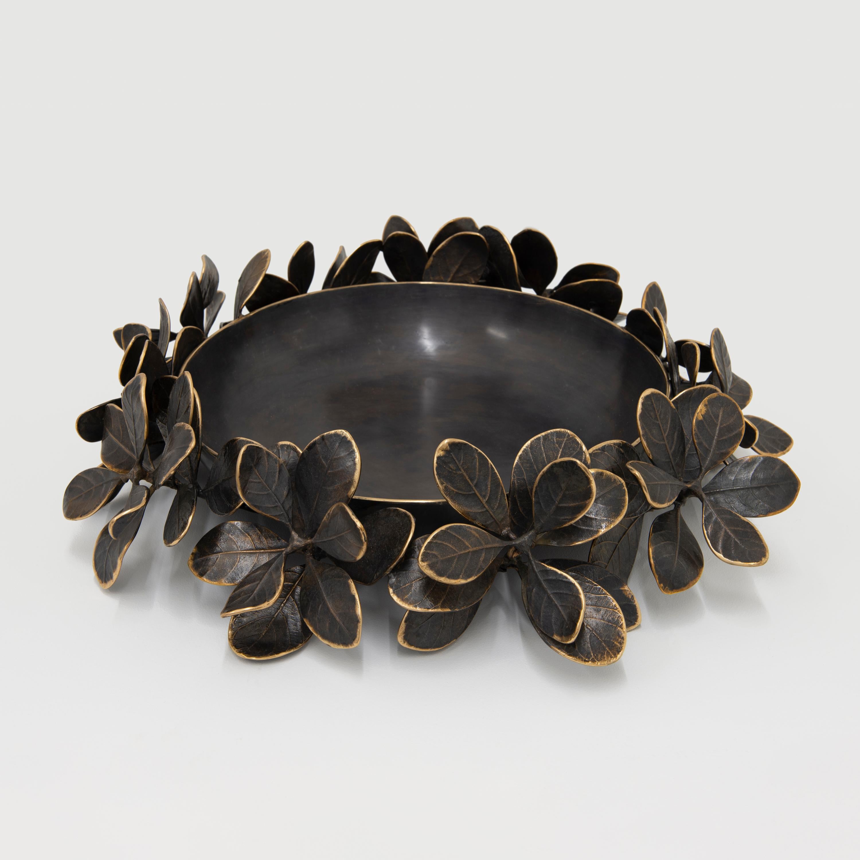Contemporary Large Handmade Cast Bronze Kathal Leaves Decorative Bowl Sculpture For Sale