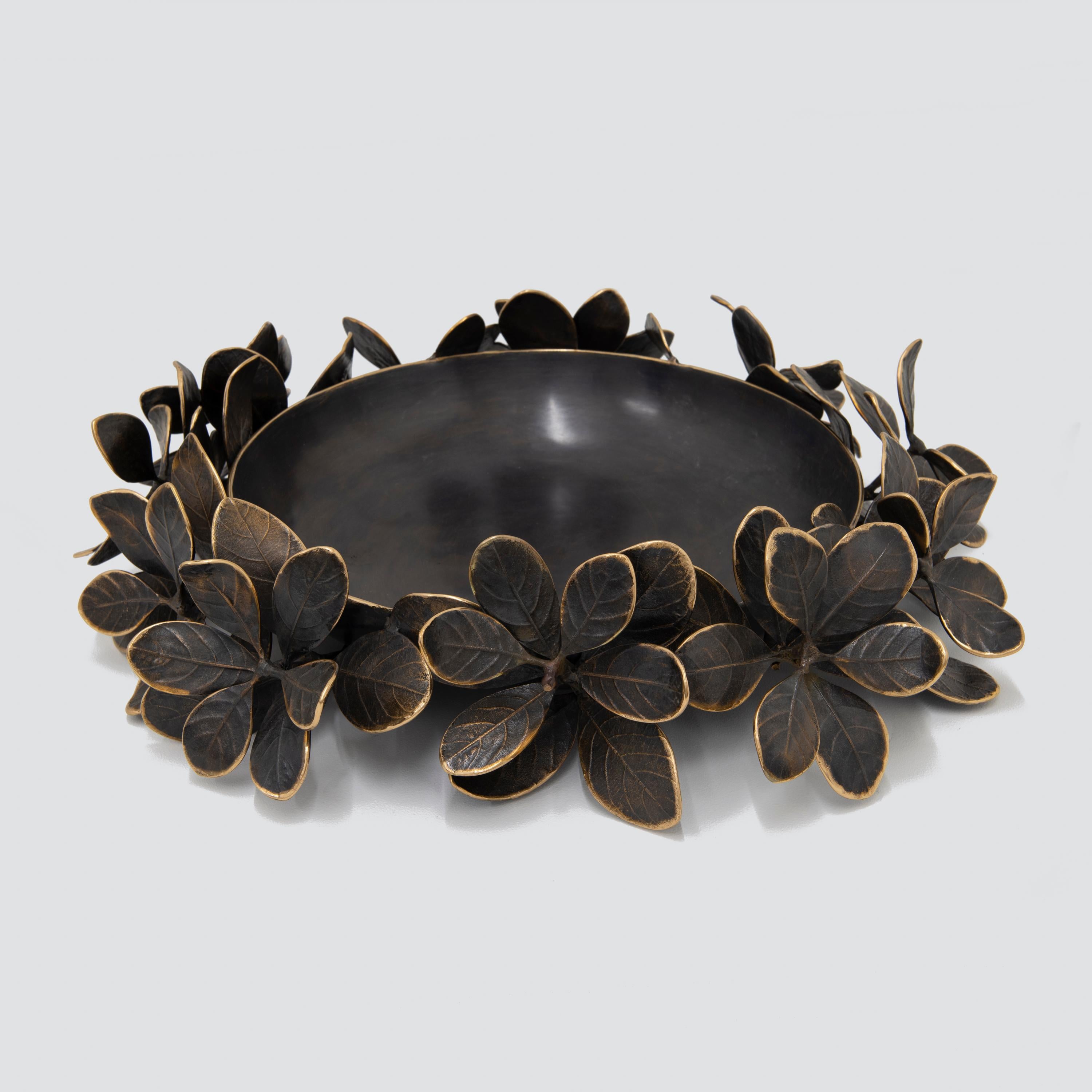 Brass Large Handmade Cast Bronze Kathal Leaves Decorative Bowl Sculpture For Sale