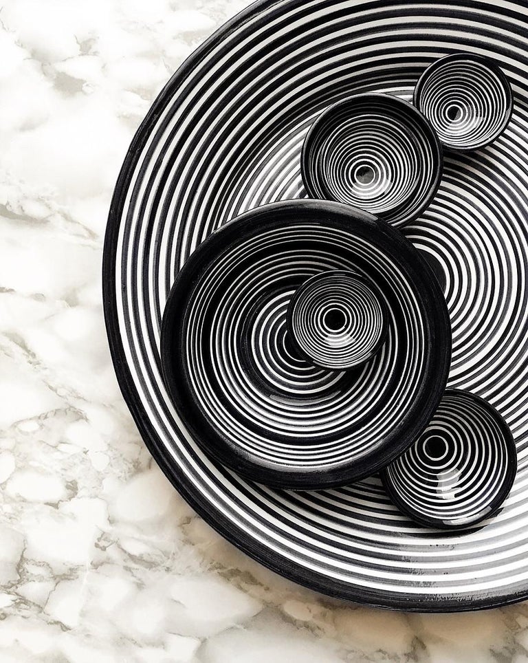 Large Handmade Ceramic Black and White Striped Serving Platter, In