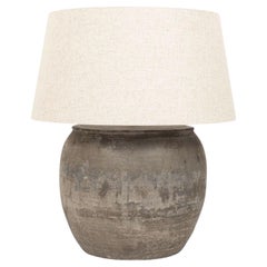 Large Handmade Ceramic Lamp with Linen Shade