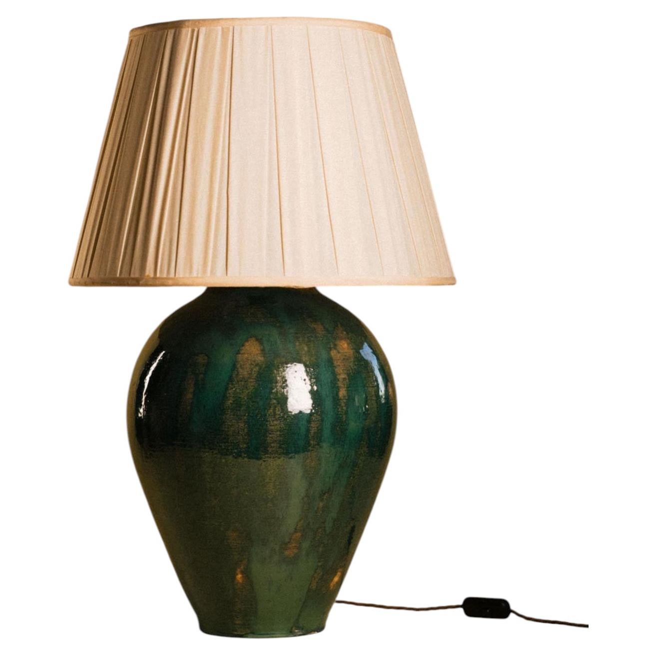 Large Handmade Ceramic Table Lamp — Emerald Drip Glaze, Tall Tapered Form For Sale