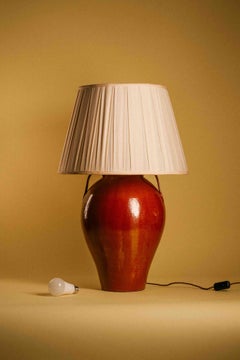 Large Handmade Ceramic Table Lamp — Poppy Red Glazed Urn with Handles