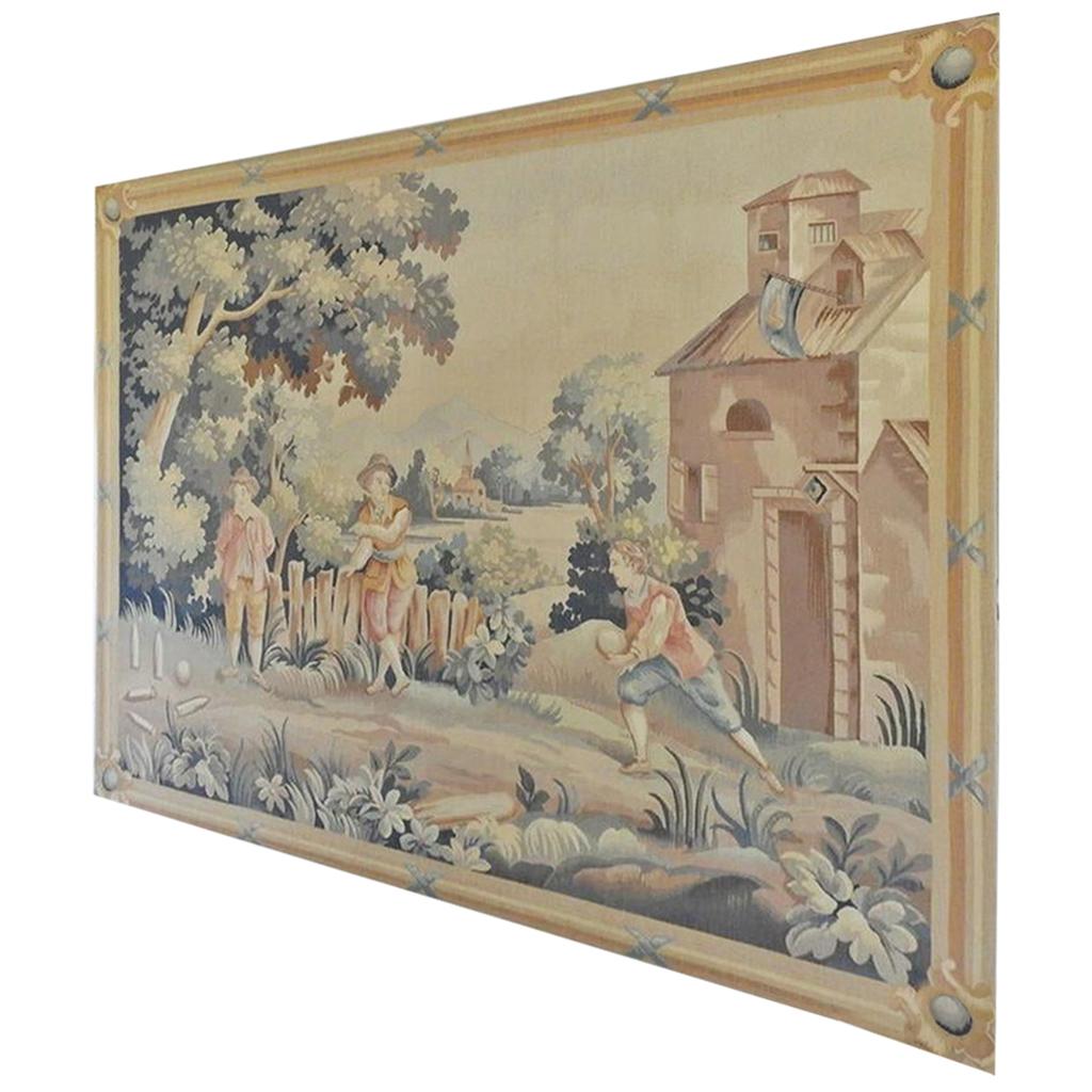 Large Handmade Flemish Style Tapestry of Boys Playing Bowling in Yard