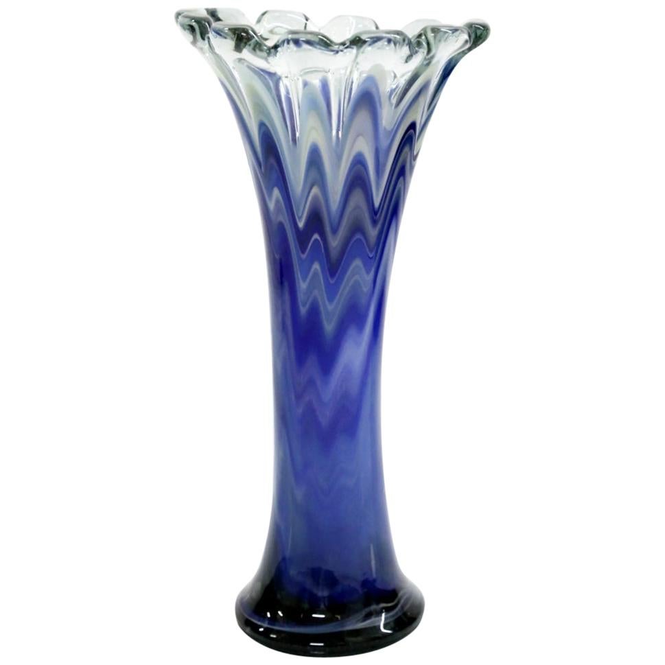 Large Handmade Ocean Blue Glass Vase, 1970s