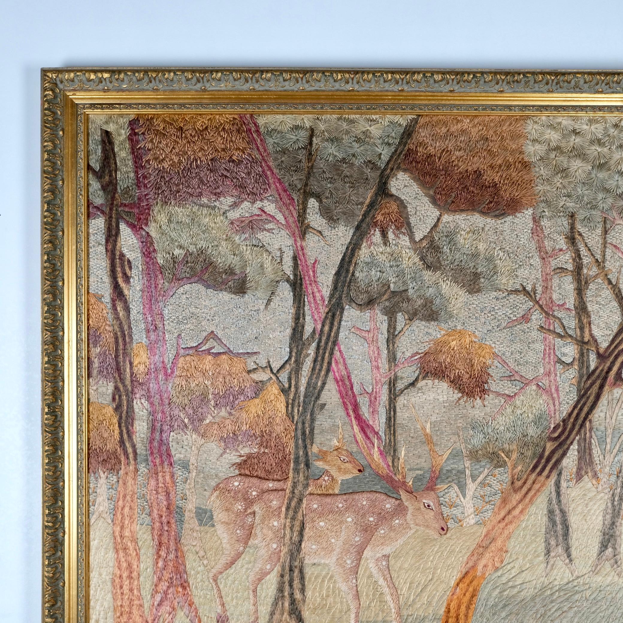 Large handmade silk Verdure embroidery - tapestry, mid-20th century In Good Condition In Lyon, FR