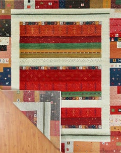 Large Handmade Tribal Gabbeh Wool Rug in Red, Ivory and Multicolor