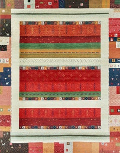 Large Handmade Tribal Gabbeh Wool Rug in Red, Ivory and Multicolor