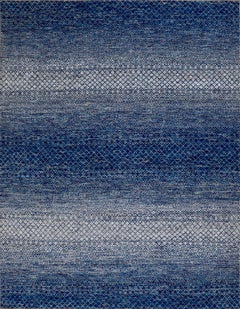 Large Handmade Wool Rug in Layered Blue Tones with Subtle Geometric Texture