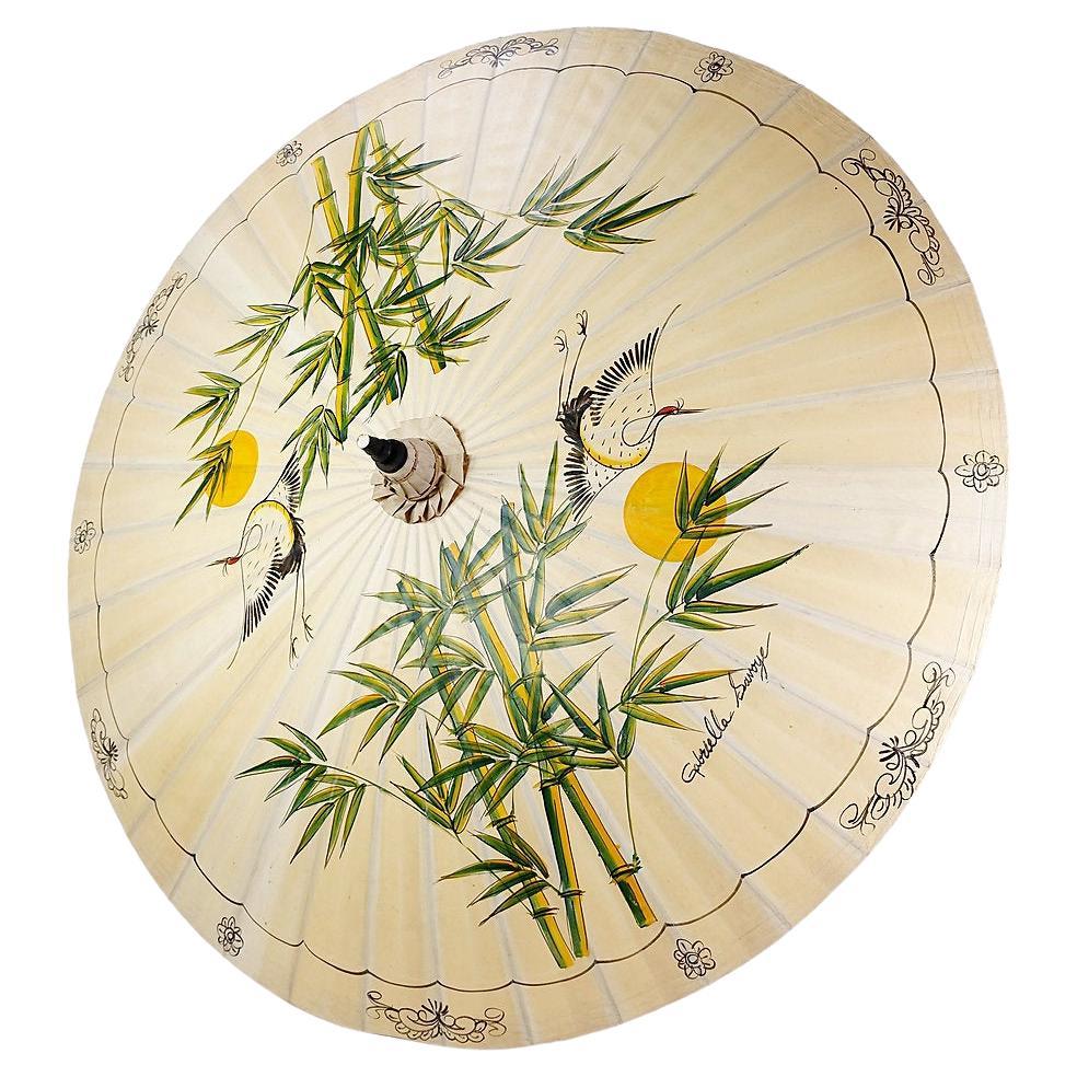 Large Handpainted Asian parasol on rice paper - Chinese cranes and bambo Ø 215cm