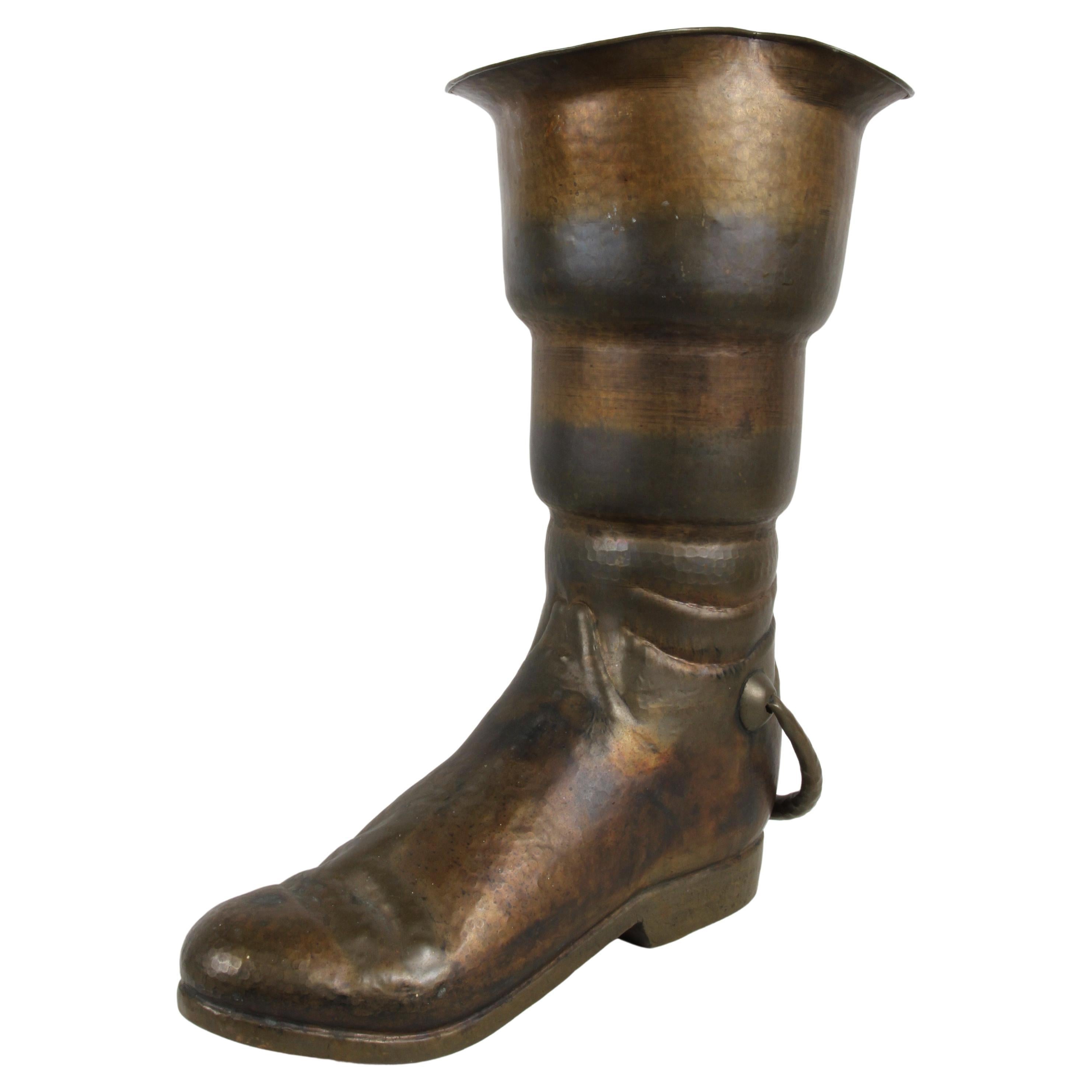 Large Handsome 1950s Italian Boot Umbrella or Cane Stand - Aged Brass Patina -