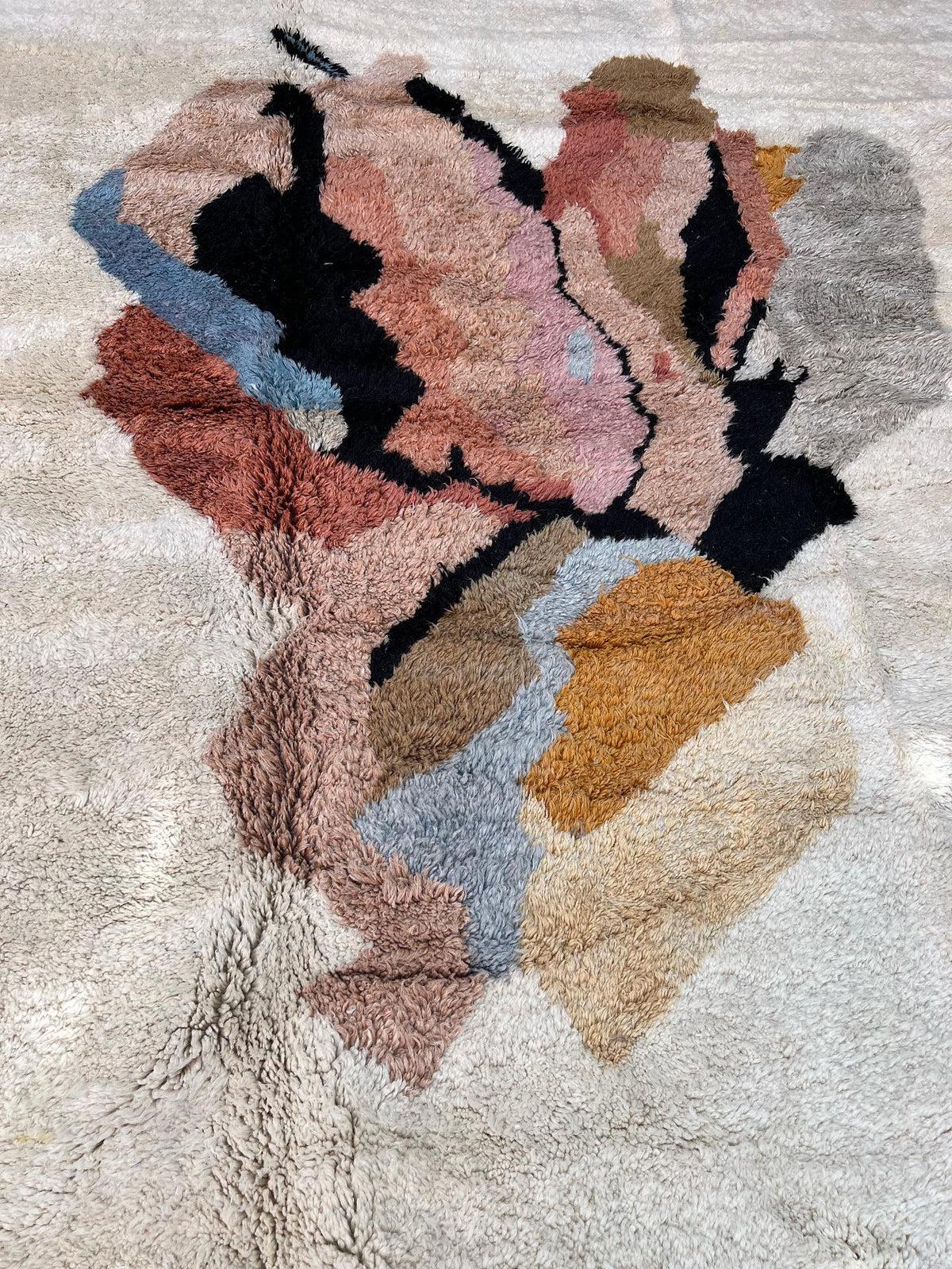 Large Handwoven Neutral Modern Moroccan Wool Beni M'Rirt Rug w/ Pastel Design For Sale 1