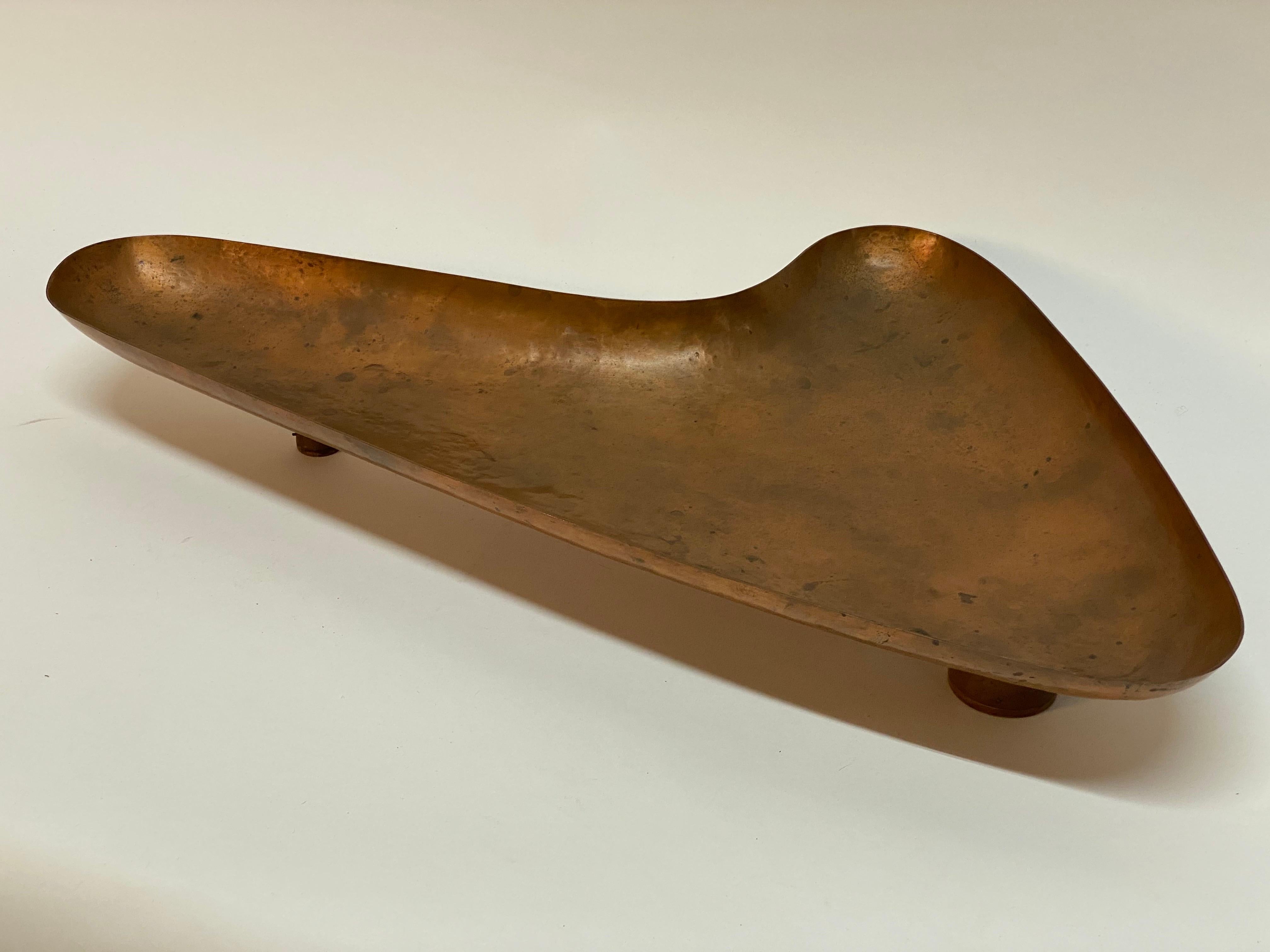 Mid-20th Century Large Handwrought Mid Century Modern Copper Footed Boomerang Catchall For Sale