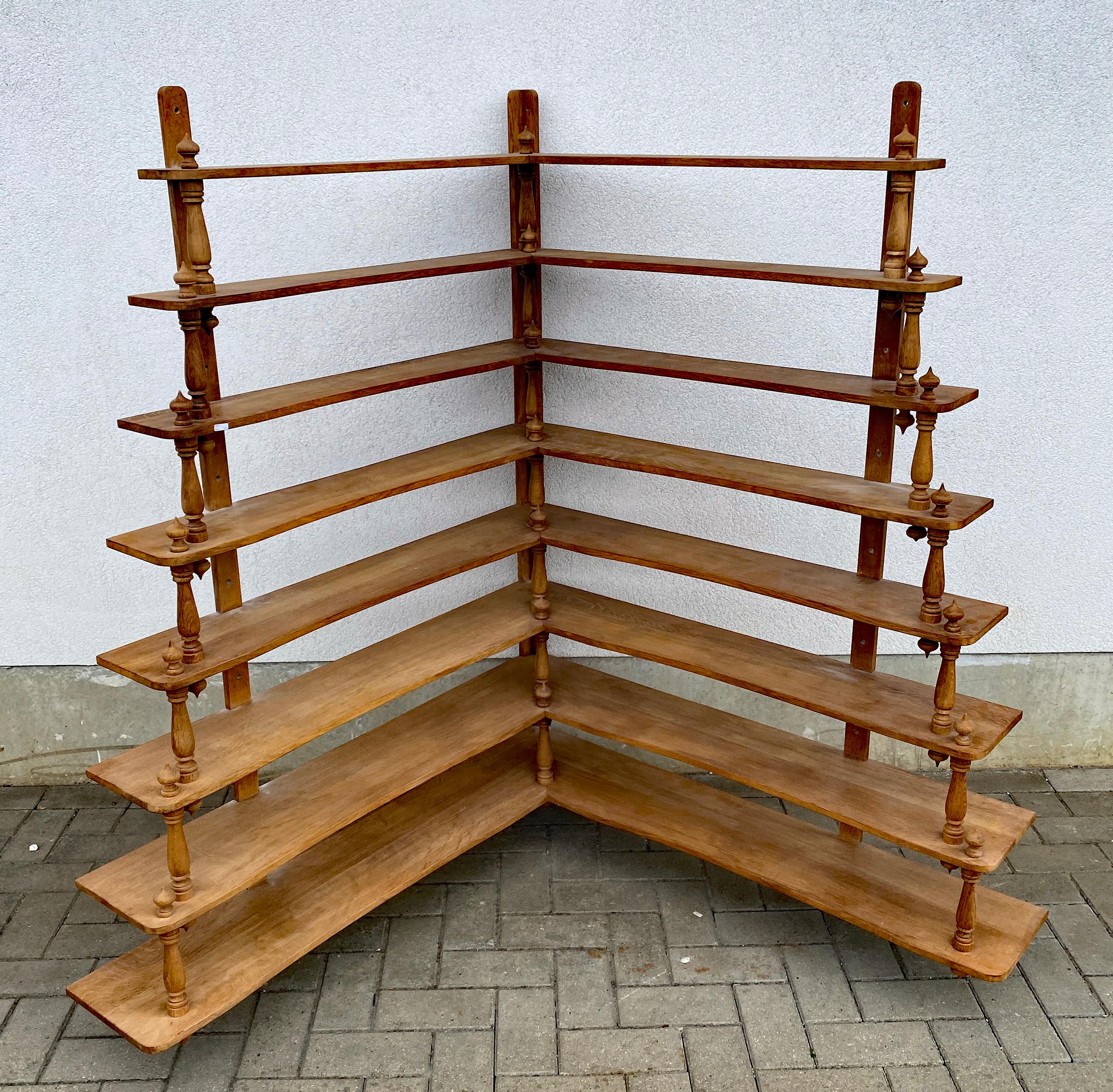 French Large Hanging Corner Shelf For Bistro, Restaurant Or Shop In Solid Oak For Sale