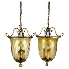 Vintage Large Hanging Lanterns in Gold-Plated Brass and Glass, Set 2, France, 1970s