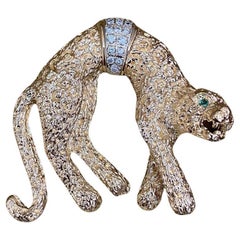 Große hängende Panther-Anstecknadelbrosche mit Diamanten aus 14k Gelbgold