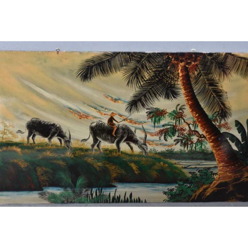 Large panel in Hanoi lacquer with water buffalo, 120 cm by 56 cm.

Additional information:
Material: Lacquer
Style: Asian
Dimension: 70 cm W
 120cm H.
 