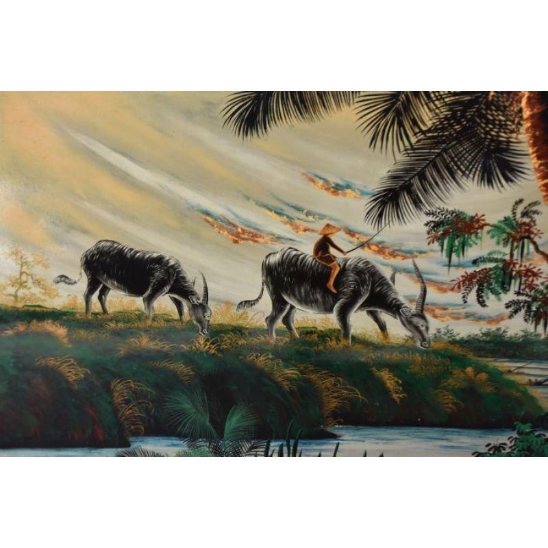 Large Hanoi Lacquer Panel with Water Buffalo In Good Condition For Sale In Marseille, FR