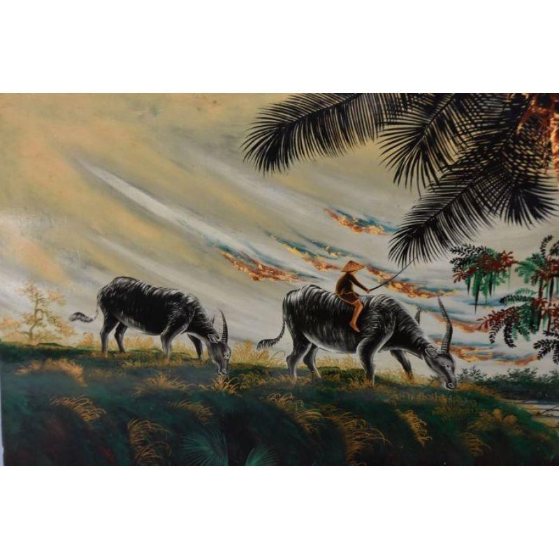 20th Century Large Hanoi Lacquer Panel with Water Buffalo For Sale