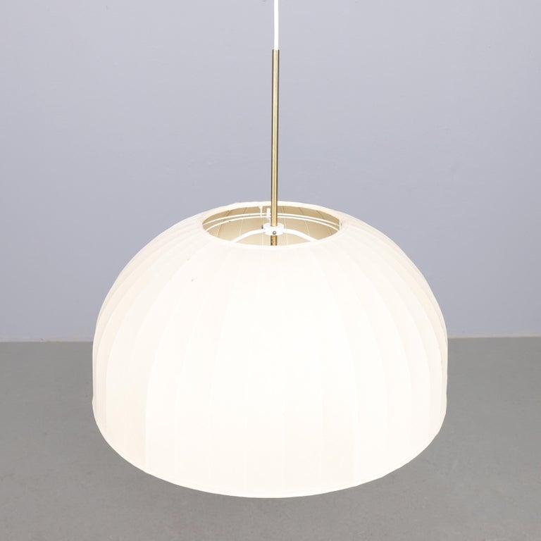 Rare large ceiling pendant with new shade in cream/ivory white silk fabric on white lacquered metal mount. 
Model Carolin T549/6 in brass designed 1963 by Hans-Agne Jakobsson. Lamp itself and the shade are height adjustable.
6 x E27 bulbs.