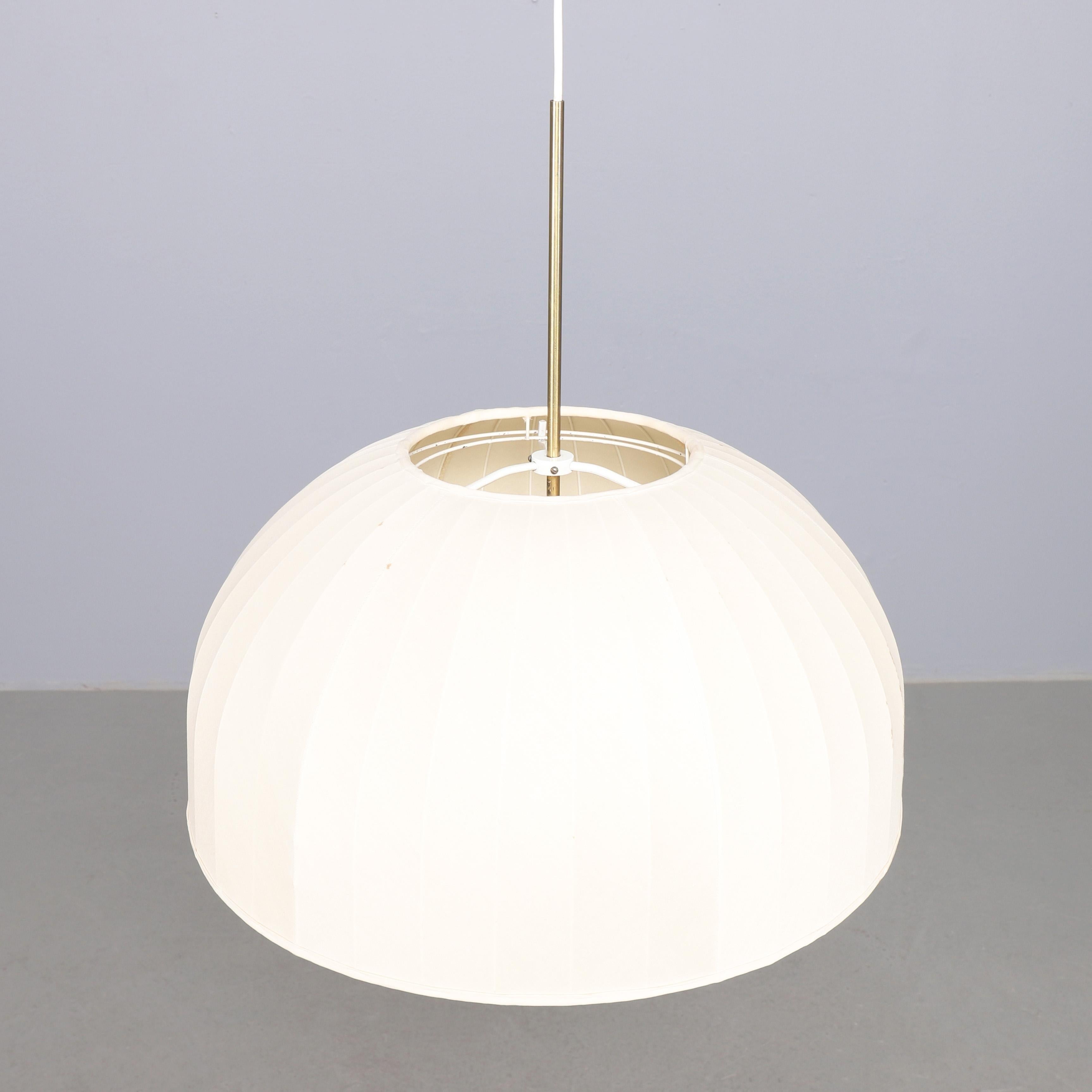 Rare large ceiling pendant with new shade in cream/white fabric on white lacquered metal mount. 
Model Carolin T549/6 in brass designed 1963 by Hans-Agne Jakobsson. Lamp itself and the shade are height adjustable.
6 x E27 bulbs.
