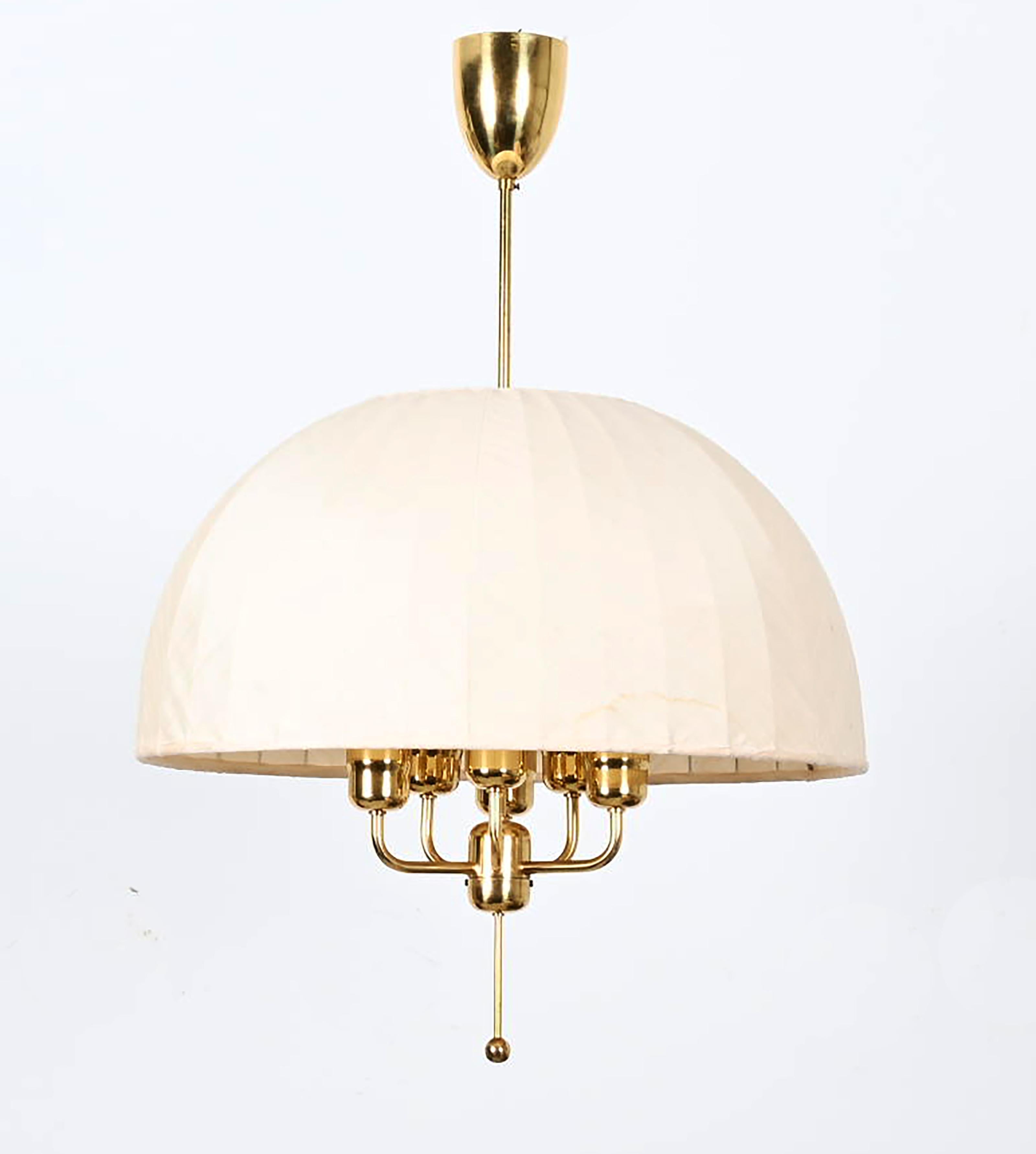Rare large ceiling pendant with new thai silk shade in cream/white fabric on white lacquered metal mount. 
Model Carolin T549/6 in brass designed 1963 by Hans-Agne Jakobsson. Lamp itself and the shade are height adjustable.
6 x E27 bulbs.
