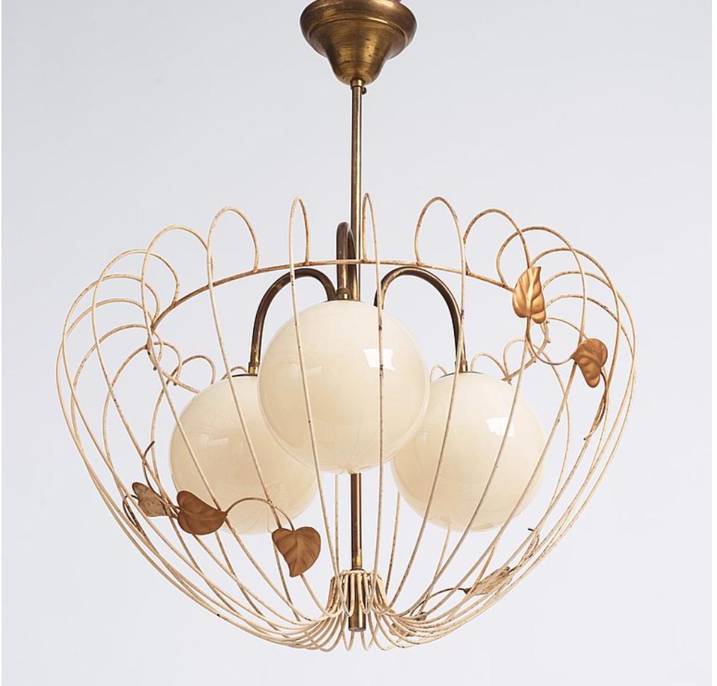 Swedish Modern style ceiling lamp design attributed to Hans Bergström, Sweden, circa 1940. Metal cage shaped shade with inner 3 linen-white color glass shades. Metal leafs decoration.
(3) Candelabra style sockets, existing wires. Rewiring available
