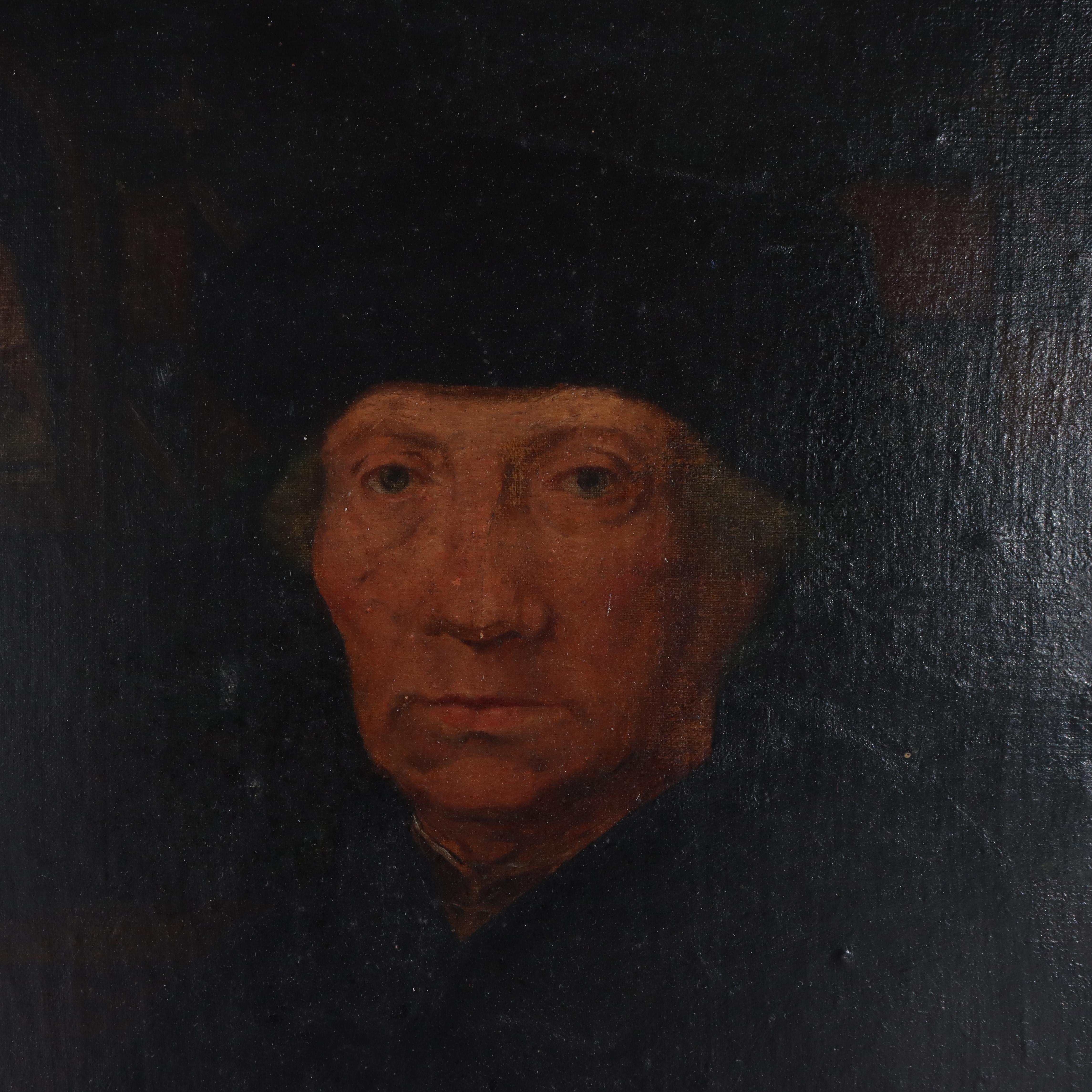 Large Antique Giltwood Framed Hans Holbein School Oil on Board Portrait by Quentin Matsys C1885.   
Measures - 79.5