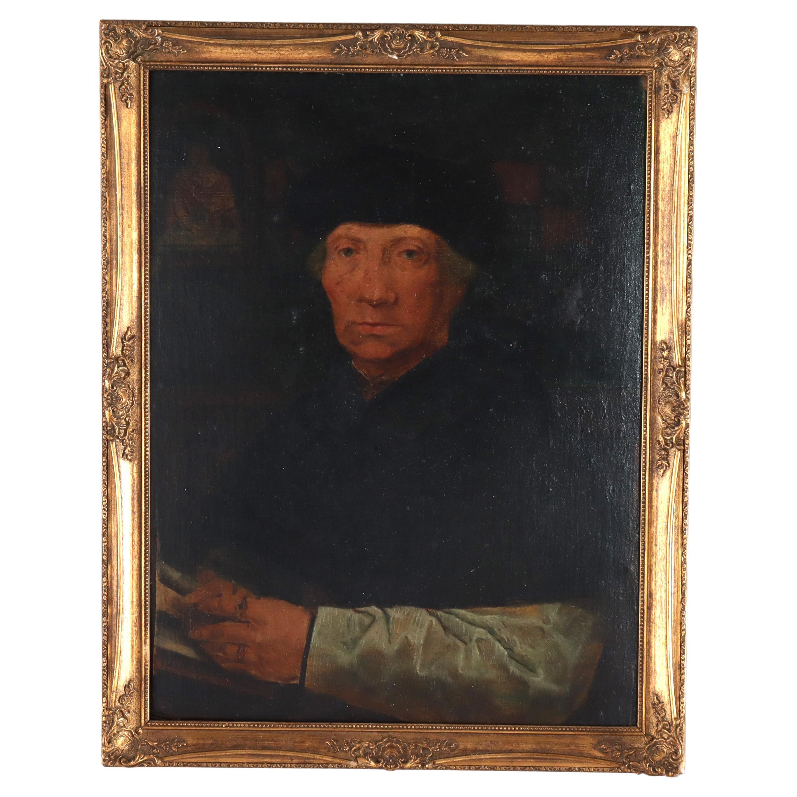 Large Hans Holbein School Oil on Board Portrait by Quentin Matsys C1885 in vendita