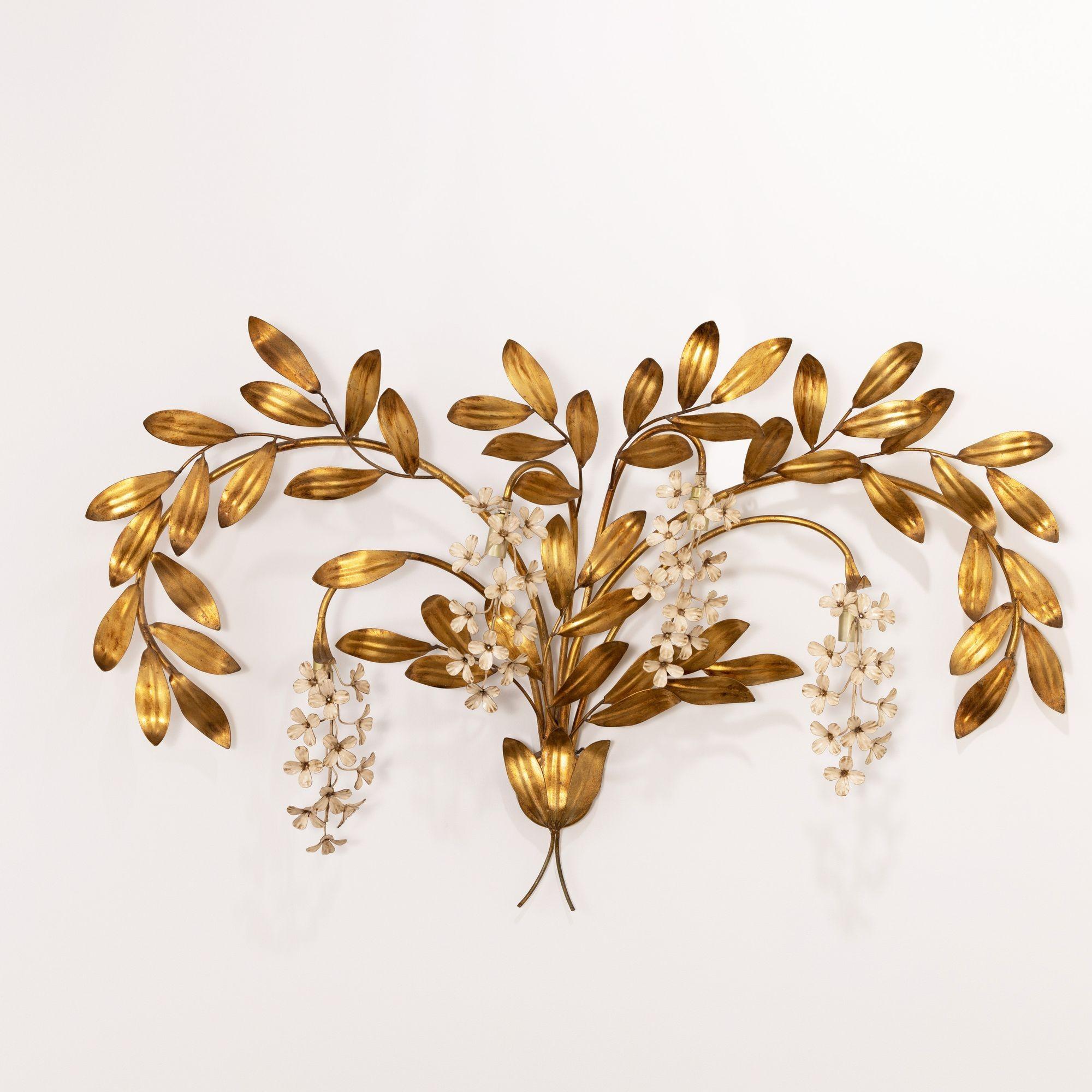 Large Hollywood Regency style 'Wisteria' wall sconce appliqué by Hans Kögl, attributed to Jean-Henri Jansen, circa 1950-70, Germany.  Gold leaf and lacquered metal.  U.S. wired and in working condition. 125 volt. Takes (4) E12 bulbs up to 75 watts.  